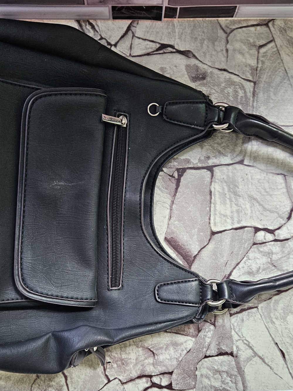 Classic Black Shoulder Tote with Front Zip and Snap Pocket - Picture 4 of 16